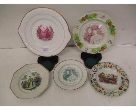 Four 19th century commemorative plates, an octagonal  example with a portrait of Queen Victorian, 6 3/4" w, two from the wedd