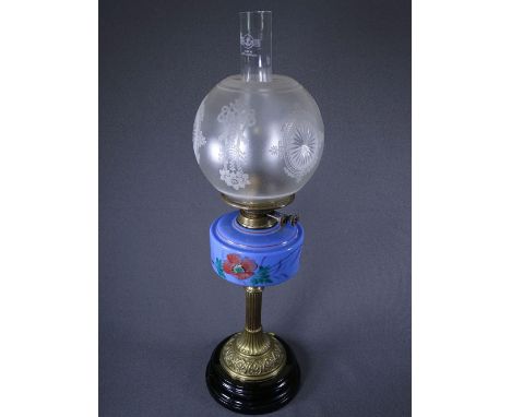 OIL LAMP on brass Corinthian column with floral painted blue reservoir and etched glass shade