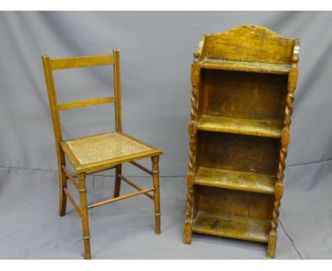 POLISHED 3-SHELF OPEN BOOKCASE with barley twist side supports, 40cms wide and a cane seated bedroom chair