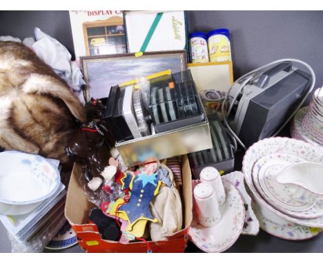 HOUSEHOLD AND COLLECTABLES-Liddell table Linen, soft toy, dolls, crockery, super 8 projector and reels etc.