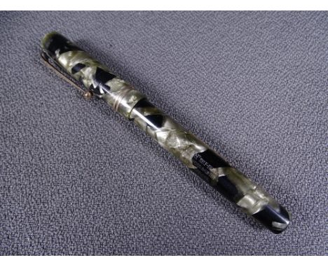 MABIE TODD - Vintage 1940s pearl grey and black marble Swan Mabie Todd self-filler fountain pen with gold trim and original 1