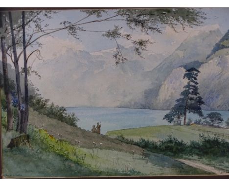 R KAILLEUX, INDISTINCTLY SIGNED WATERCOLOUR French lake scene with 2 figures, dated 1906, 30x44 cms
