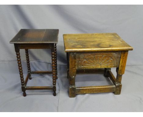 RUSTIC STOOL WITH HINGED TOP and sunburst carved pattern and a square topped occasional table on bobbin supports 