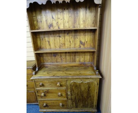 RUSTIC STAINED PINE KITCHEN DRESSER with two shelf rack and three drawers beside cupboard door base H176 x W95 xD41cms 