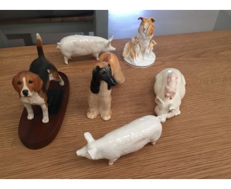 Six china animals to inc Beswick pigs and a Royal Worcester collie dog