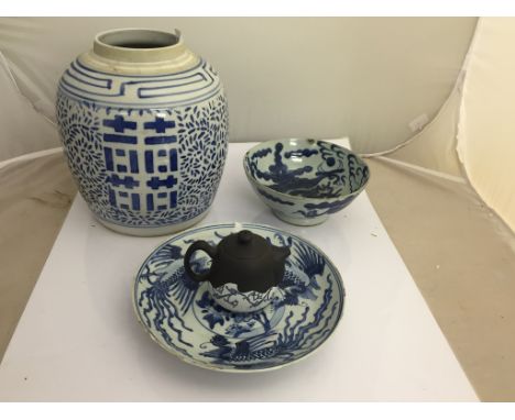 Four Chinese ceramic items to inc a 19th century ginger jar etc