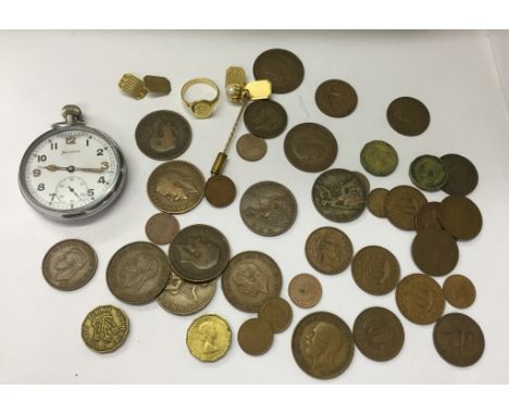 A mixed lot of items comprising:  a pocket watch by Helvita, a stick-pin set with a pearl in  claw setting, a pair of gentlem