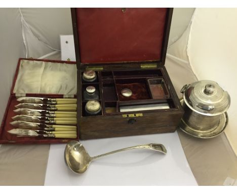 A 19th century oak vanity box, part fitted; together with a cased set of fish knives and forks, ladle and lidded container