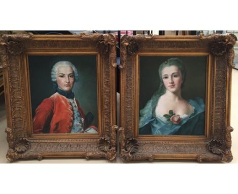 Follower of Pompeo Batoni (1708-1787): A pair of portrait oils on canvas depicting a lady in a blue dress & gentleman in a re