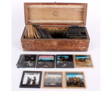 A Collection of Sixty-Five Glass Lantern Slides Second World War, Great War and before, including animated coloured naval ima
