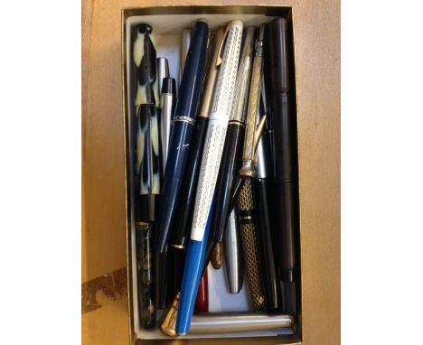 A quantity of fountain and other pens, to include Parker, Sheaffer and a Wembley 1925 propelling pencil, a quantity of prints