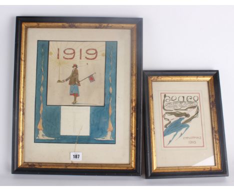 G.S. EDMONDS - A 1919 'Art Nouveau’ Pen and Watercolour design for a 1919 New Year Calendar depicting a girl in an army offic
