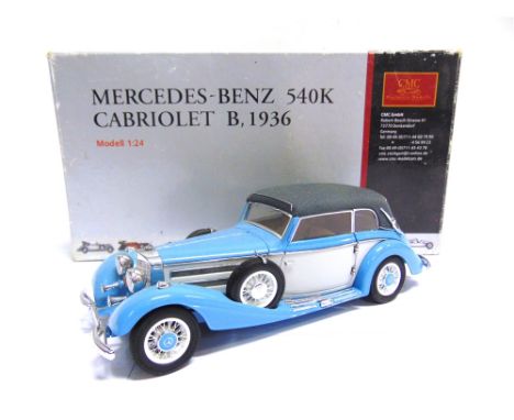 A 1/24 SCALE CMC 1936 MERCEDES-BENZ 540K CABRIOLET B  blue and grey, excellent condition (bonnet mascot bent), boxed.