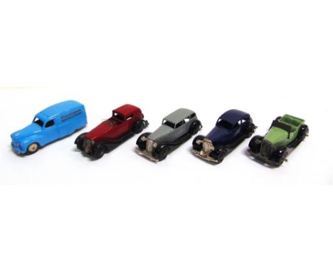 FIVE ASSORTED DIECAST MODEL VEHICLES  circa 1940s-50s, by Dinky (4), and Tootsietoy (1), each repainted, all unboxed.