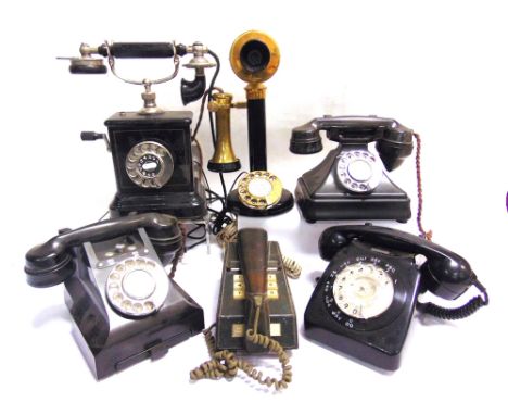 SIX ASSORTED TELEPHONES  comprising two in black bakelite; a trimphone; a stick telephone; and two others.