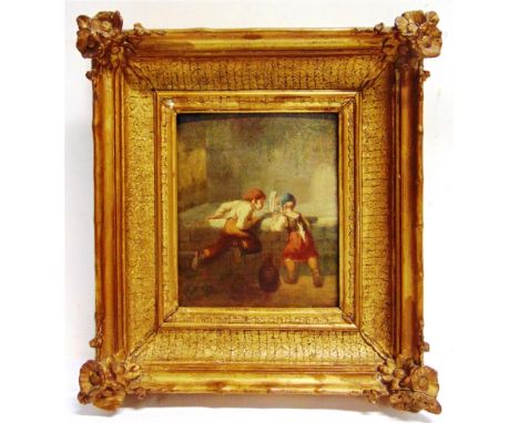 CONTINENTAL SCHOOL (LATE 19TH CENTURY) Children playing with a yacht, oil on panel, unsigned, 21cm x 17.5cm, in a gilt frame.