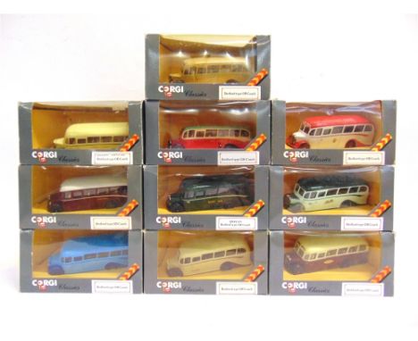 TEN CORGI CLASSICS DIECAST MODEL BEDFORD OB COACHES including those in British Railways, Devon General, and Greenslades Tours