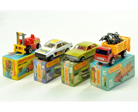 Matchbox Superfast later issues comprising No's. 15 Fork Lift Truck, 9 Ford RS2000, 55 Ford Cortina and 71 Cattle Truck. Ex S