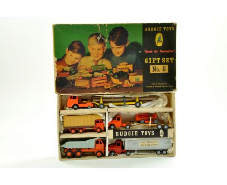 Budgie Toys Gift Set No. 5 by Morestone (Morris and Stone) comprising Timber Transporter, Quarry Truck, Low Loader with Cater