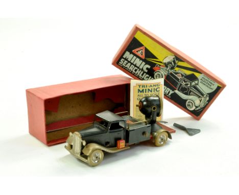 Triang Minic Pre-war No. 49ME Searchlight Lorry with black very dark green body, chrome Trim including Fenders and Wheels, re