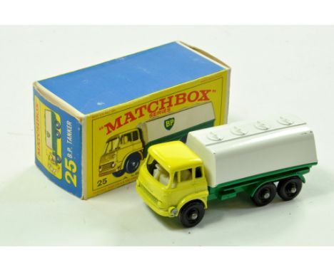 Matchbox Regular Wheels No. 25c Bedford TK BP Tanker. Yellow cab, green chassis, white Tanker, missing decals and black plast