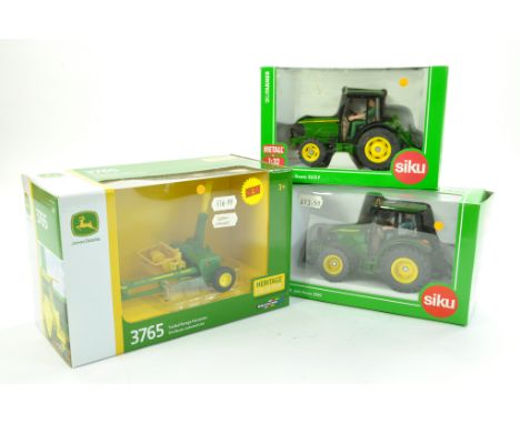 John Deere Farm Trio in 1/32 comprising Britains Forage Harvester, JD 5615F Tractor and JD 5820. Excellent, complete and look