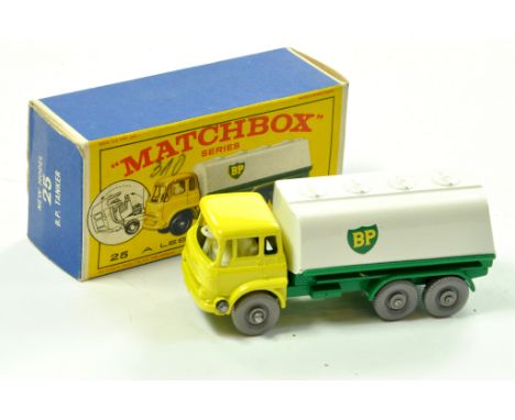 Matchbox Regular Wheels No. 25c Bedford TK BP Tanker. Yellow cab, green chassis, white Tanker, grey plastic wheels. Harder to