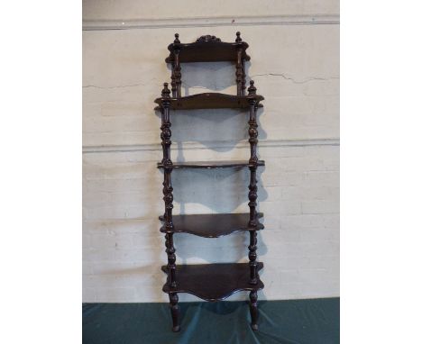 A Reproduction Five Shelf Mahogany Whatnot with Turned Supports.