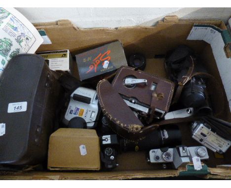 A Box of Camera Bodies, Lenses, Photographic Accessories Etc