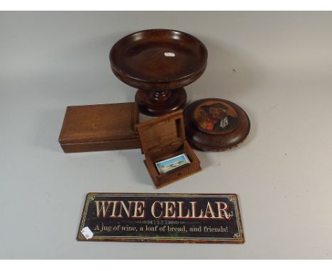 A Collection of Treen to Include Three Lidded Boxes to Include Tazza together with Enamelled Wine Cellar Sign