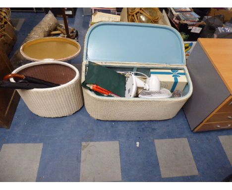 A Loom Ottoman Containing Table Lamp, Electric Fire, Glassware Etc Together with an Oval Loom Linen Box Containing Wools and 