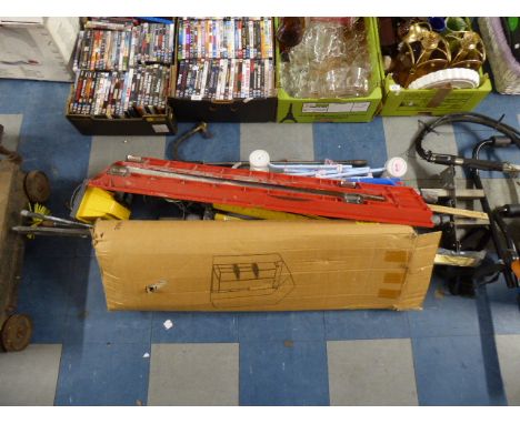 A Halogen Builders Spot Lamp, Various Drain Rods, Pop Up Green House etc.