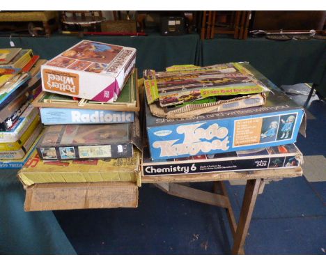 A Collection of Vintage Board Games and Toys to Include Katy Kopycat, Chemistry and Radionic Sets, Potters Wheel, Flipper Bag