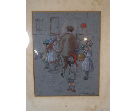 A Framed Watercolour Sketch of Children with Balloons, Signed E. Blyton, 1939.