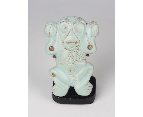 A pre-Columbian Taino style carved pale turquoise coloured stone figural pendant or amulet, possibly 1000-1500 AD, length 6.8