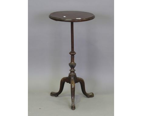 An early George III mahogany kettle stand or wine table base, the knop stem raised on tripod legs with shaped pad feet, heigh