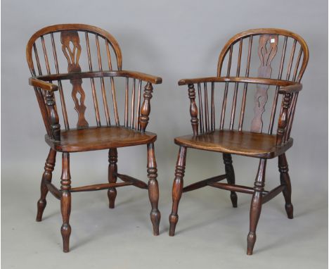 A pair of 19th century ash and elm stick and hoop back Windsor armchairs with pierced splat backs, height 92cm, width 53cm.Bu