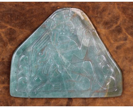 A pre-Columbian Mayan style carved apple green jade pectoral plaque, finely carved in low relief with a chieftain, height 15c