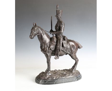 After John Skeaping - a modern brown patinated cast bronze equestrian figure of a French light cavalry Hussar on horseback, b