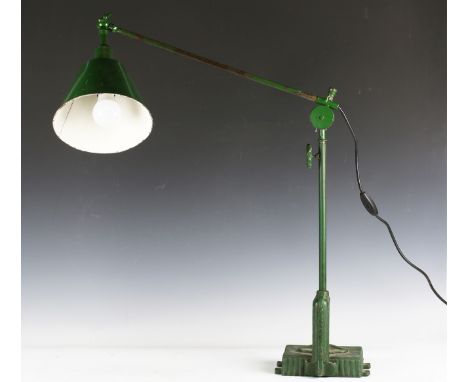A mid-20th century Industrial green painted metal workshop lamp with anglepoise stem and conical shade.Buyer’s Premium 29.4% 