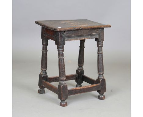 A 17th century and later oak joint stool, height 54cm, width 45cm (alterations), together with a 19th century painted wooden 
