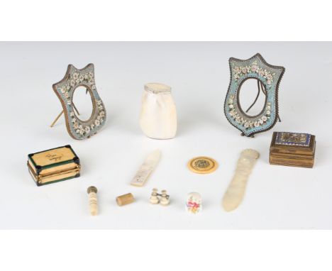 A group of small collectors' items, including a pair of shield shaped micromosaic photograph frames, height 10cm, a similarly