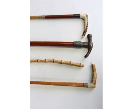 A late 19th/early 20th century Malacca riding crop with steel hammer head and gate pull, length 70cm, together with three oth