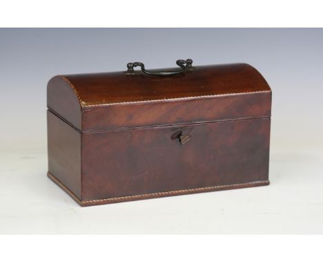 A George III mahogany dome-topped tea caddy with chequer stringing and patinated brass handle, width 24cm.Buyer’s Premium 29.