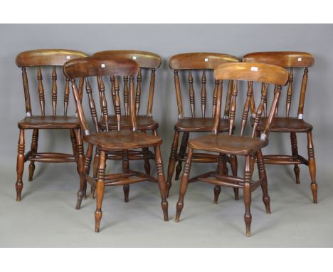 A set of six early 20th century ash and elm stick back kitchen chairs, height 86cm, width 37cm.Buyer’s Premium 29.4% (includi