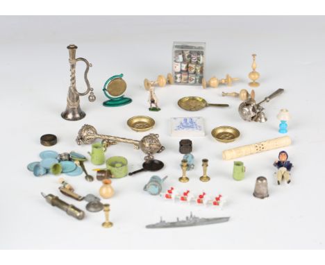 A group of small collectors' items, including a Christian Dior compact, boxed, a white metal baby's rattle with whistle termi