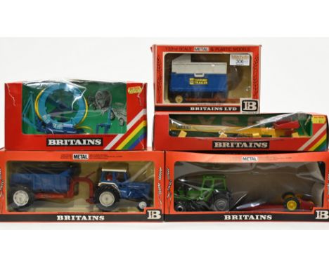 Five Britain's farm vehicles in original boxes, tractor and trailer 9630, tractor 9596, high sided tipper cart 9566, hose dru