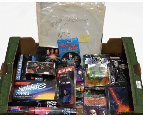 Selection of Star Trek collectable's, Star date calendar, Trekkie Trivia, Star Trek card game, loose figures, action marbles,