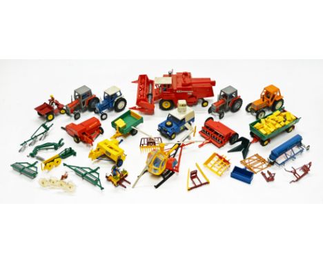 A collection of Britain's farm machinery, combine harvester, crop sprayer, trailers, tractor, landrover, baler etc
