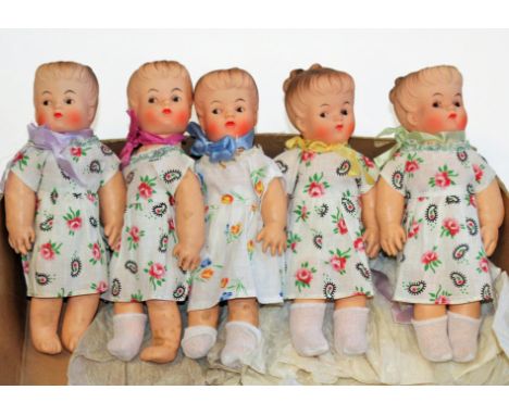 Five unbranded 1930s/40s rubber dolls, with Hummel style facial features, marked to the back of the necks with K2, K3, K6, K8